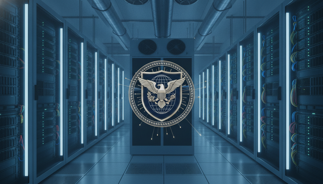 A digital illustration of a government building made of code, securely enclosing a glowing, code-based brain, representing the US government's new AI data safeguarding rules.