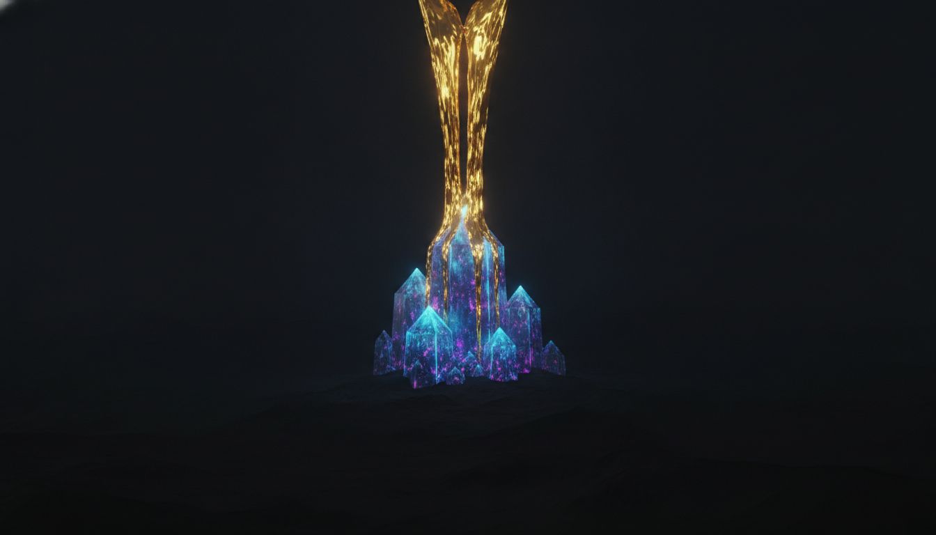 An abstract image representing record venture capital investment in AI, showing a torrent of light pouring into a few glowing towers while the surrounding area remains dark.