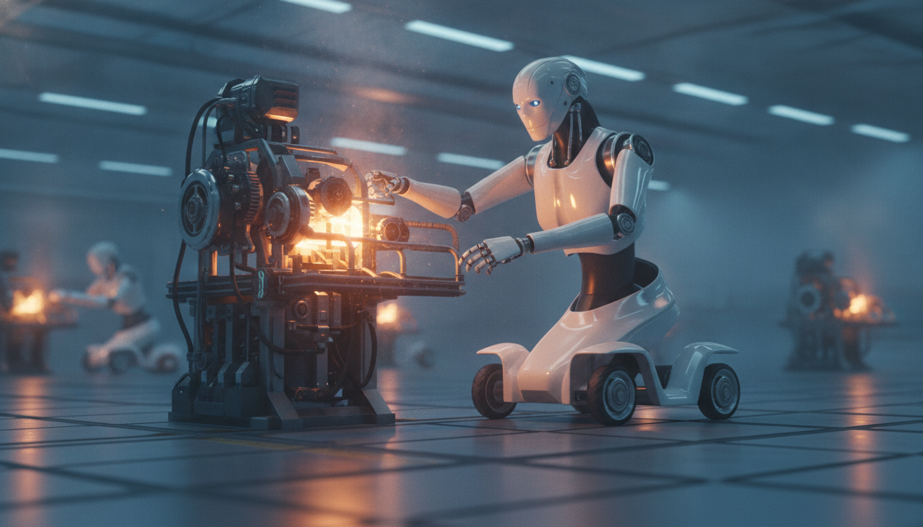 A general-purpose AI robot with a wheeled base working on an assembly line inside a modern factory.