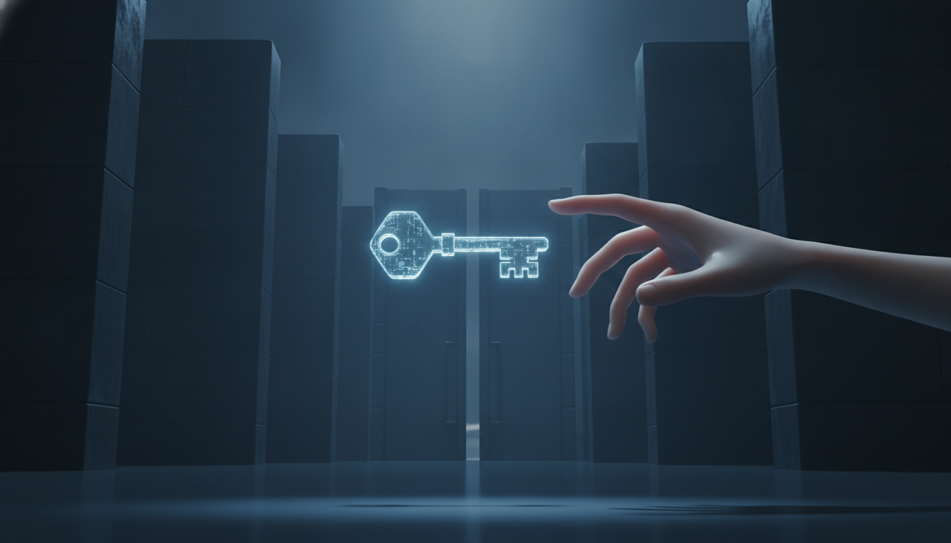 An illustration of a secure AI agent, represented as a key, offering a user access and control over large tech platforms, symbolizing the new AI agent legislation.