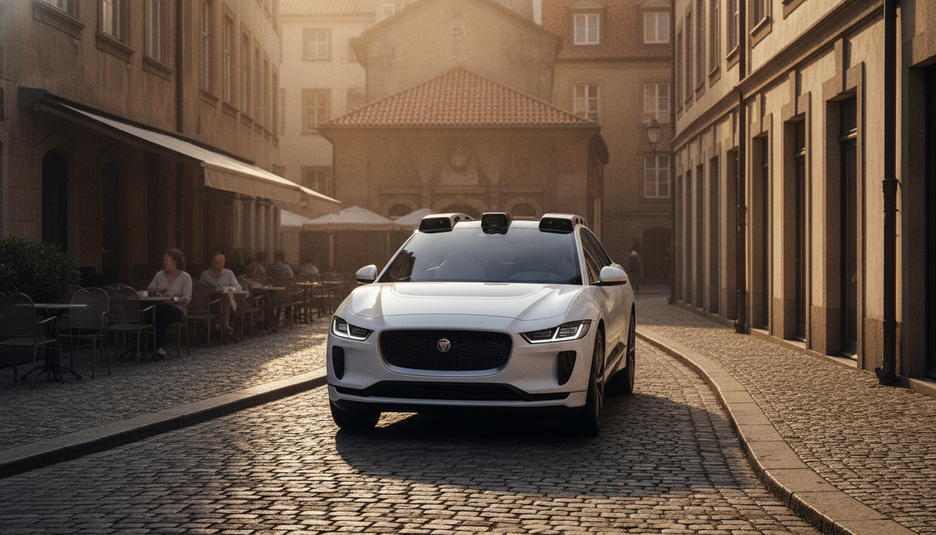 A futuristic Waymo autonomous vehicle driving on a historic cobblestone street, representing the Waymo Europe expansion.