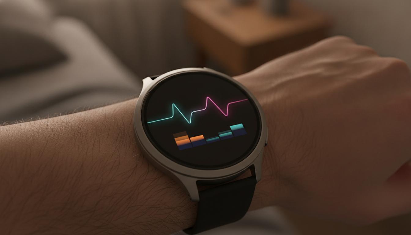 A modern smartwatch on a wrist displaying colorful, abstract health data like a heart rhythm and sleep graph, illustrating the concept of smartwatch health tracking.