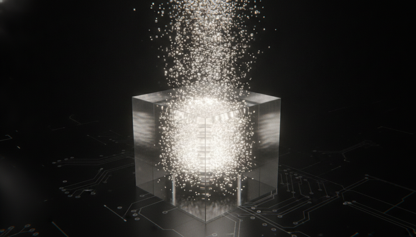 An abstract image showing AI tokens, small digital blocks, filling up a large glowing cube that represents an AI model's context window.