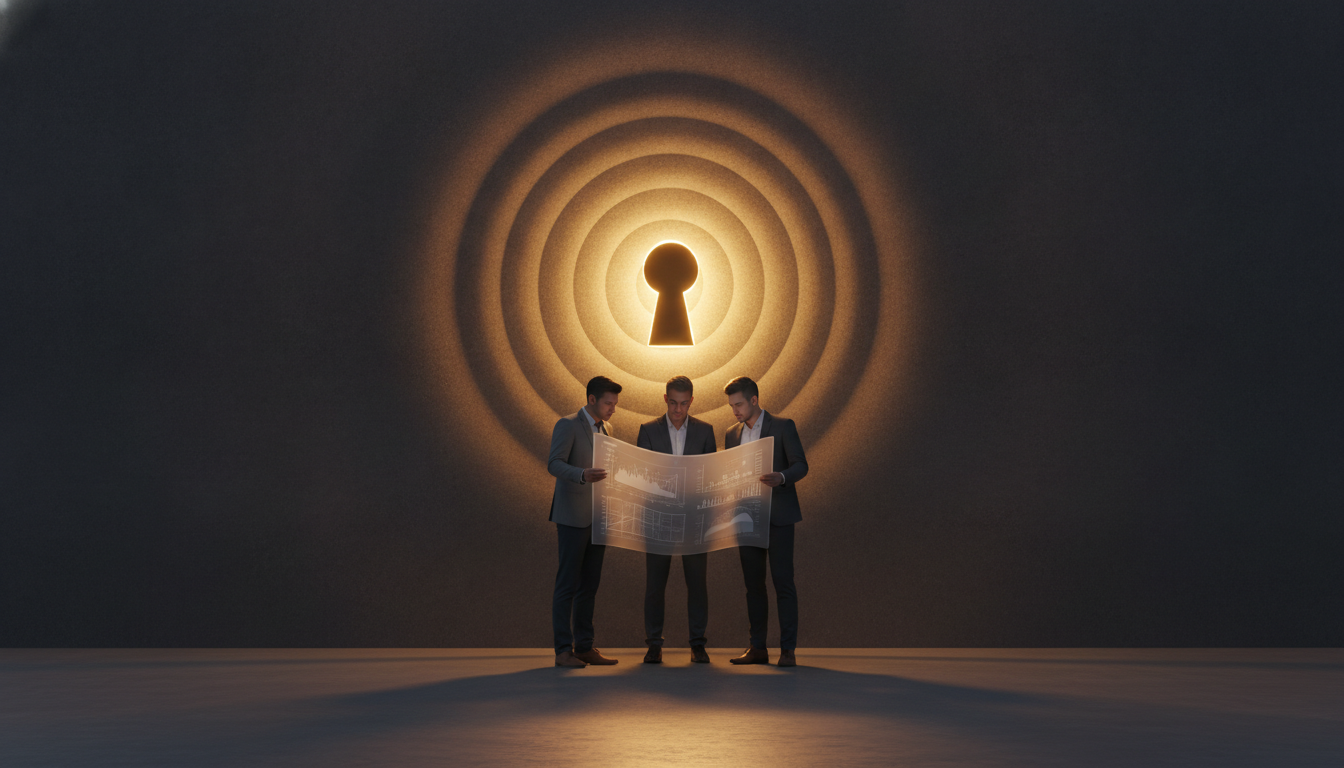 An illustration showing startup founders studying a glowing keyhole, representing what investors look for in a pitch.