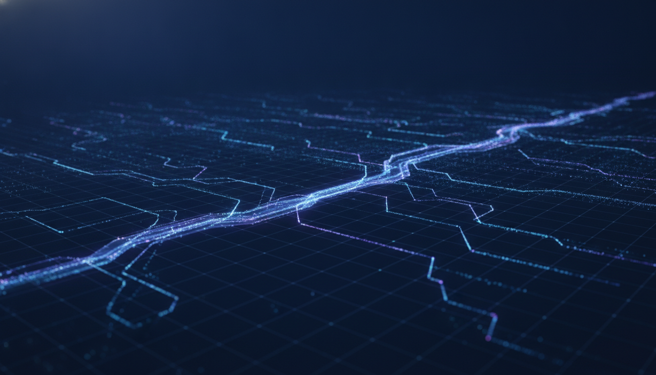 An abstract visualization of a 6G network, showing glowing particles of data flowing into a vast, futuristic city grid, representing the concept of what is 6G.