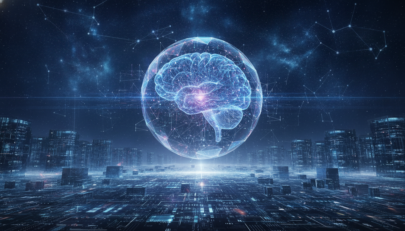 An abstract illustration of a central glowing crystal representing artificial intelligence connected to icons for music, shopping, and medicine.