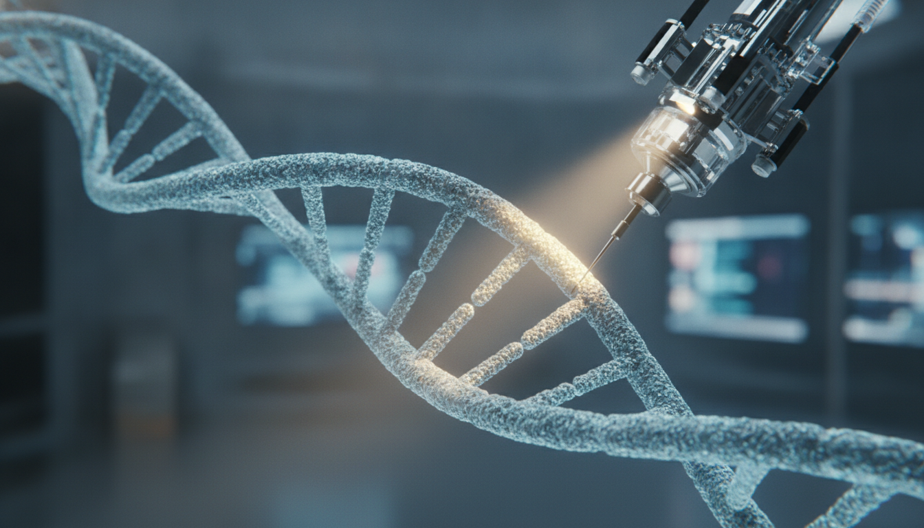 A 3D illustration showing the CRISPR gene editing tool precisely cutting a strand of a glowing DNA double helix, explaining what CRISPR is simply.