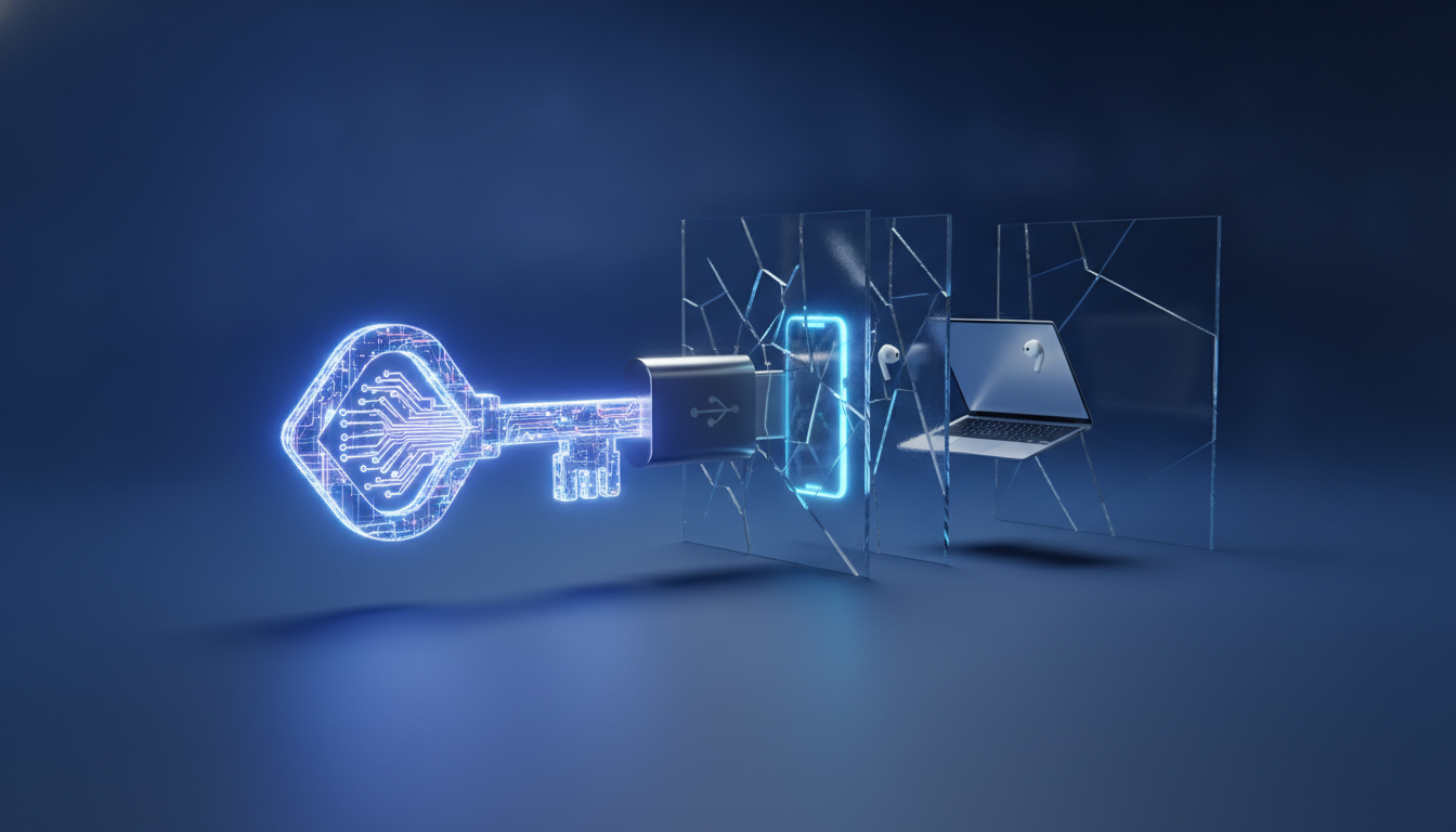 An image representing what open standards are, showing a USB-C cable unlocking digital walls around tech devices.
