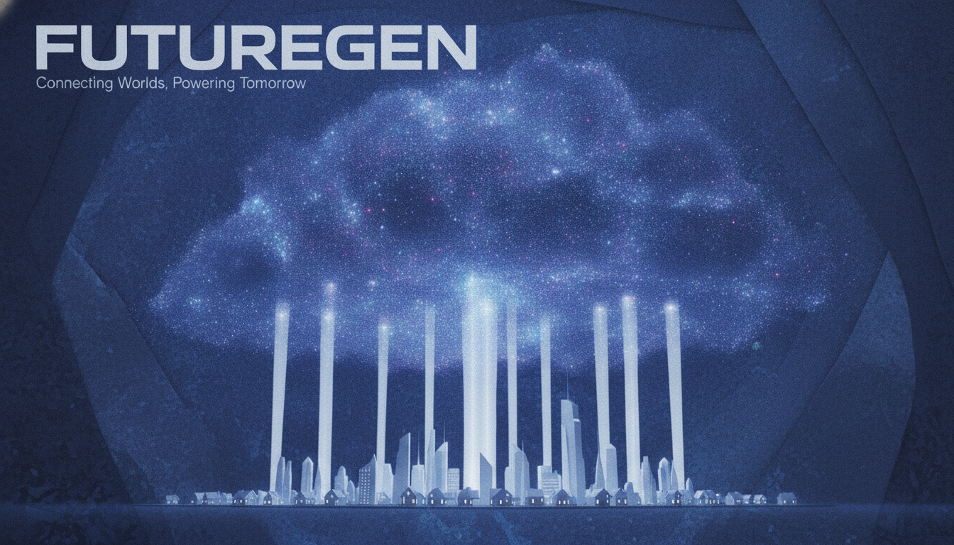 An abstract illustration of a vast, glowing digital network in the shape of a cloud, powering tiny homes and businesses below it.