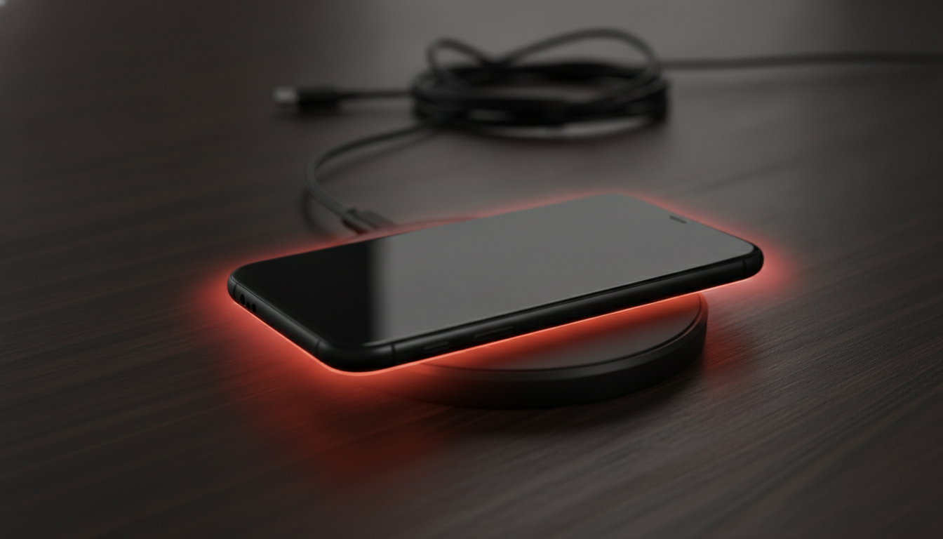 A smartphone on a wireless charging pad, illustrating the concept of how wireless charging works and the heat it can generate.