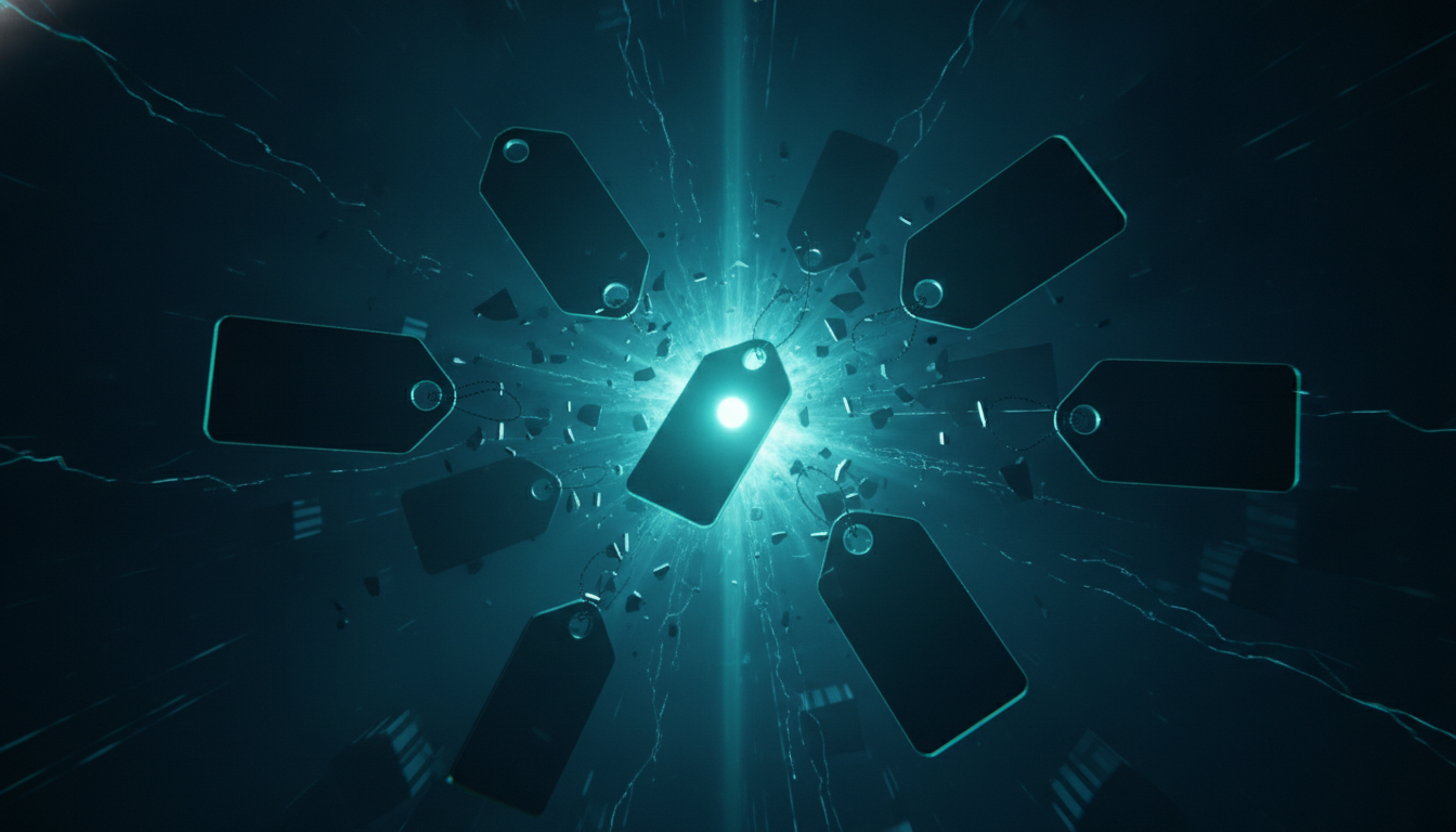 An abstract illustration of the AI price war, showing a glowing, low-priced tag shattering more expensive ones, representing the launch of the Grok 4.5 model.