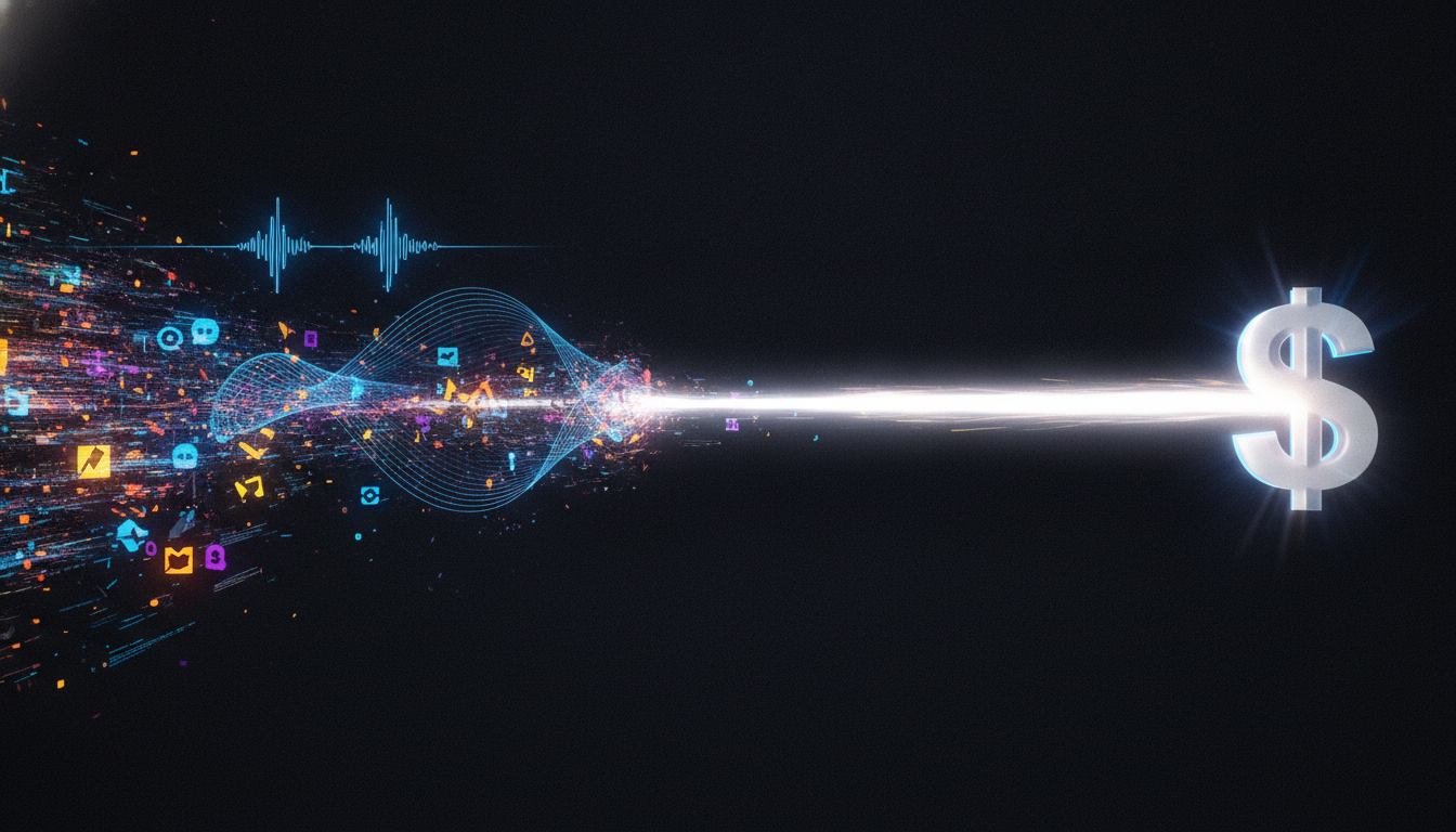 An abstract image representing Zoom's acquisition of Common Room, with chaotic data streams merging into a single, streamlined path.